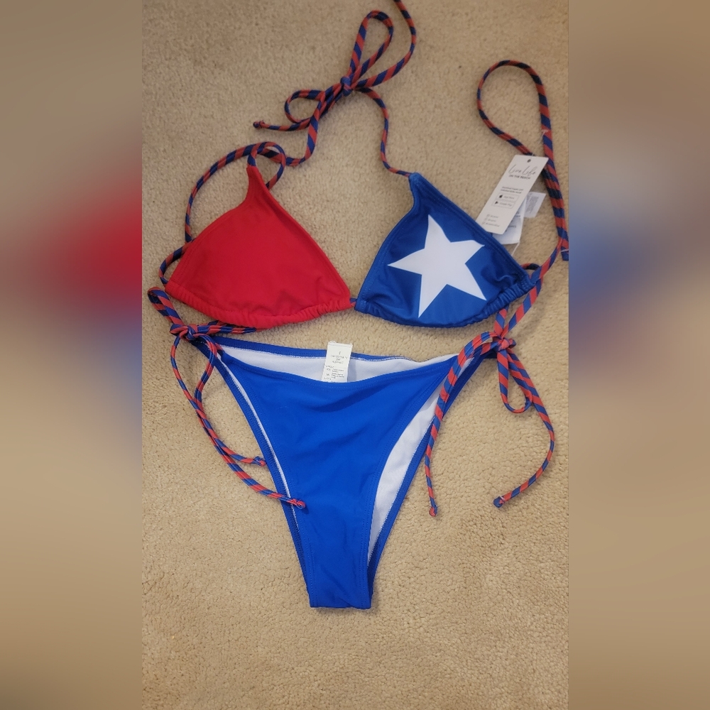 Cupshe Red & Blue Star Triangle Bikini Top with Blue Tie-Side Bottoms - Picture 2 of 2
